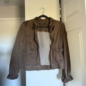 Lauren Ralph Lauren Jacket Womens 16 Brown Denim Leather Patch Moto Military Zip